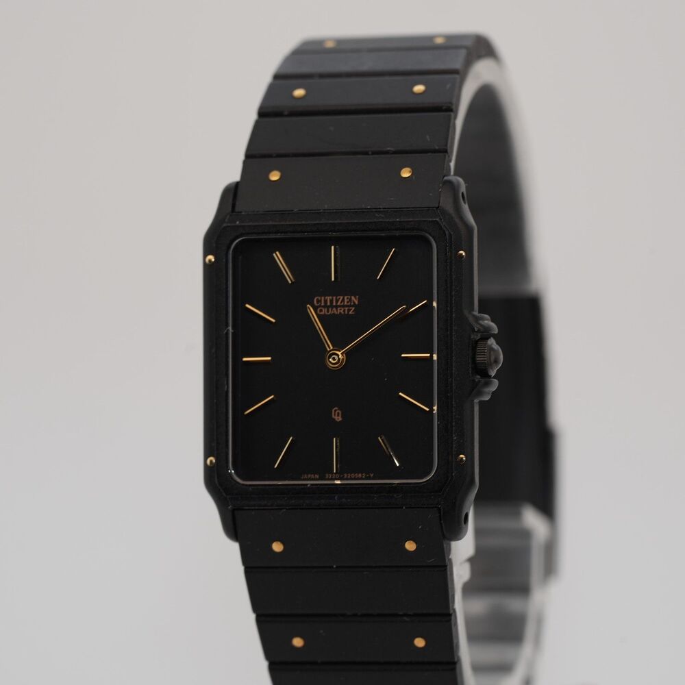 Vintage 1985 Citizen Tank Watch 3220 Black PVD Gold Dot Assembled F.R. Germany
